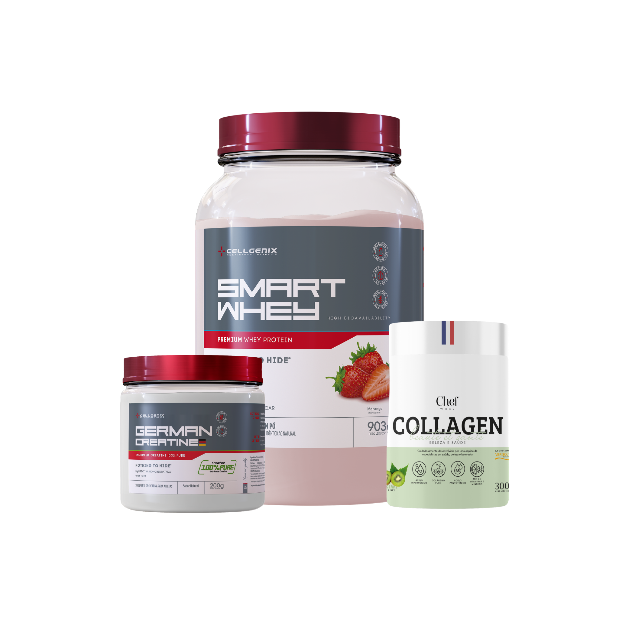 Smart whey 903g Morango + Creatina German + Colágeno Kiwi
