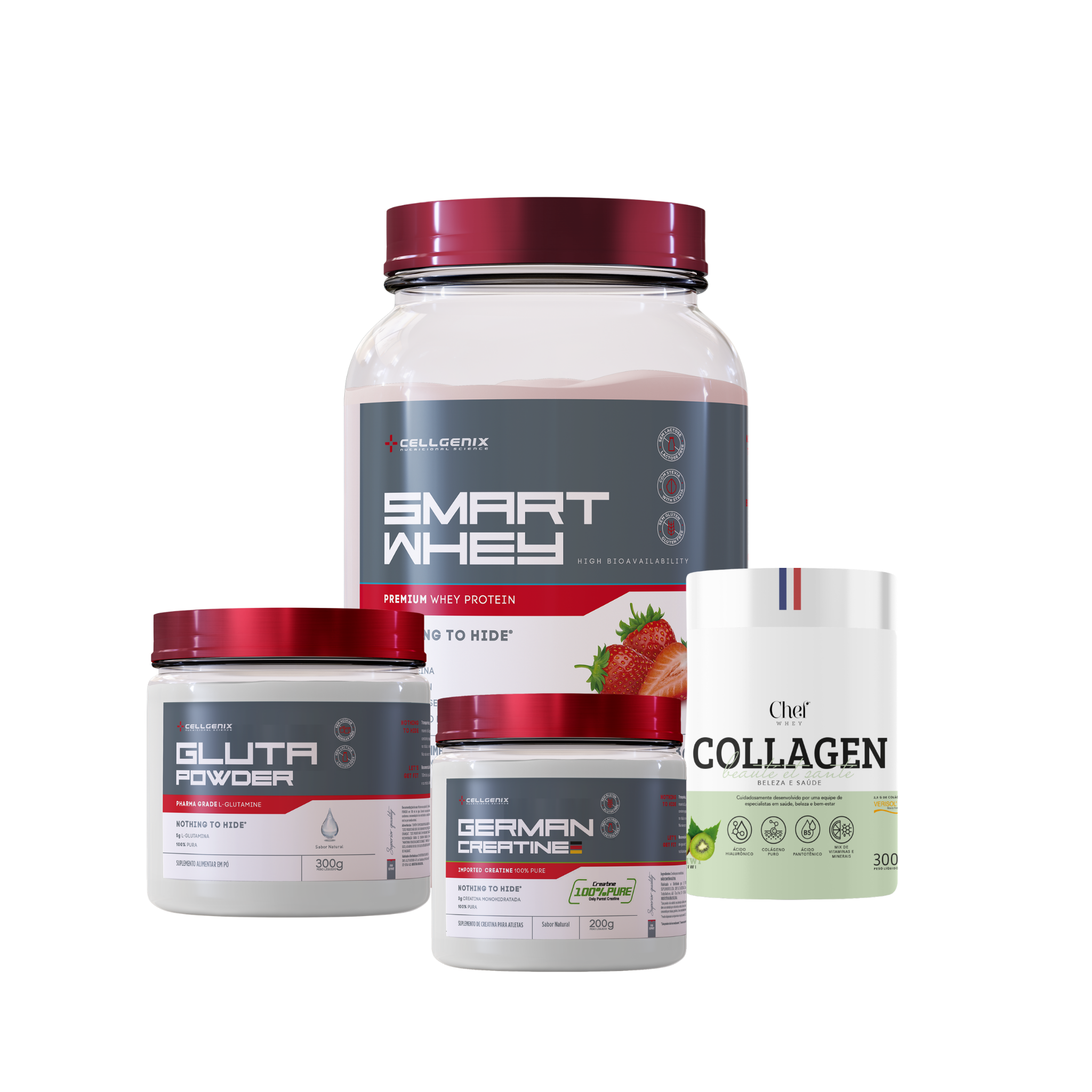 Smart whey 903g Morango + Creatina German + Colágeno Kiwi + Glutamina