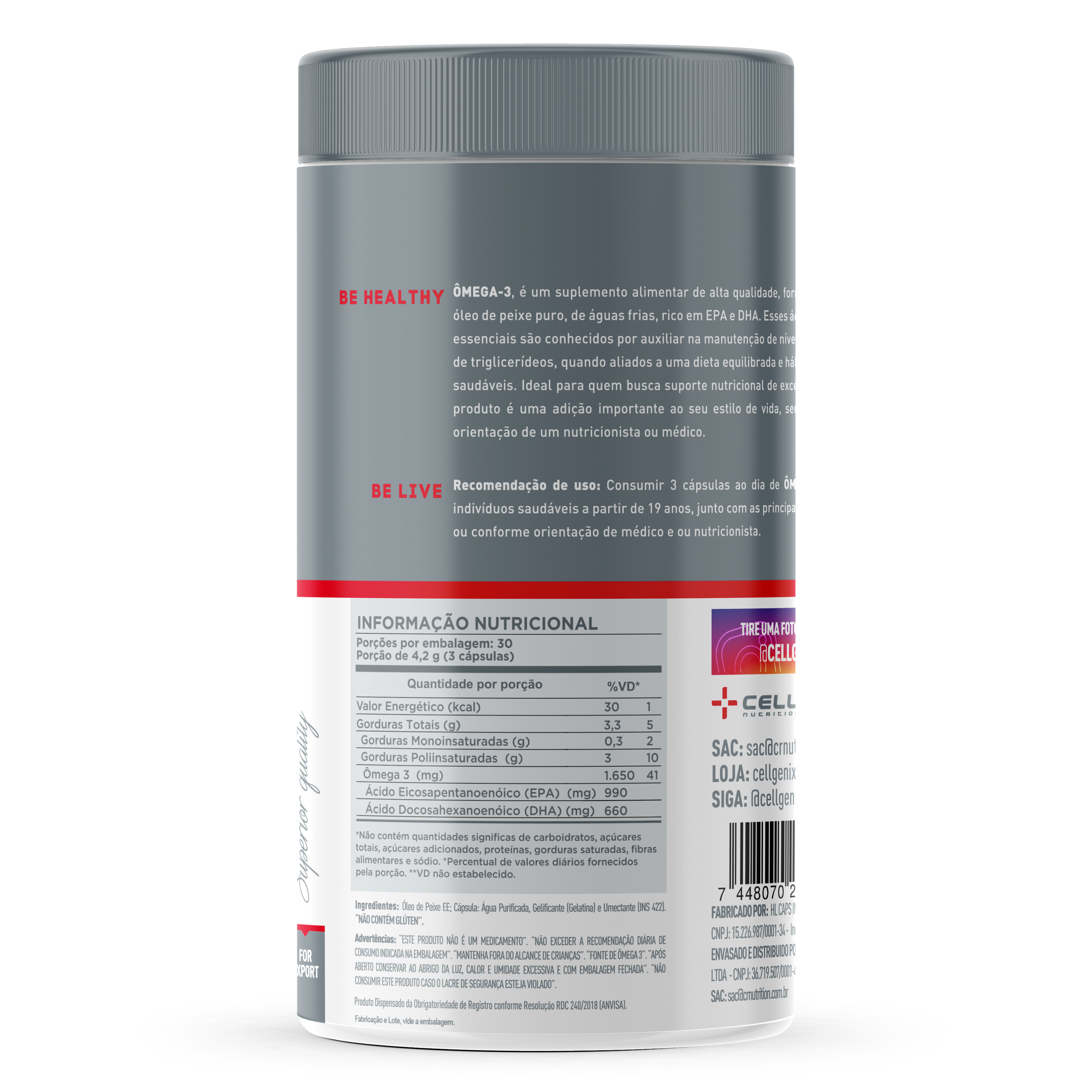 verso Pote de Ômega 3 TG 1000mg com 90 cápsulas da Cellgenix