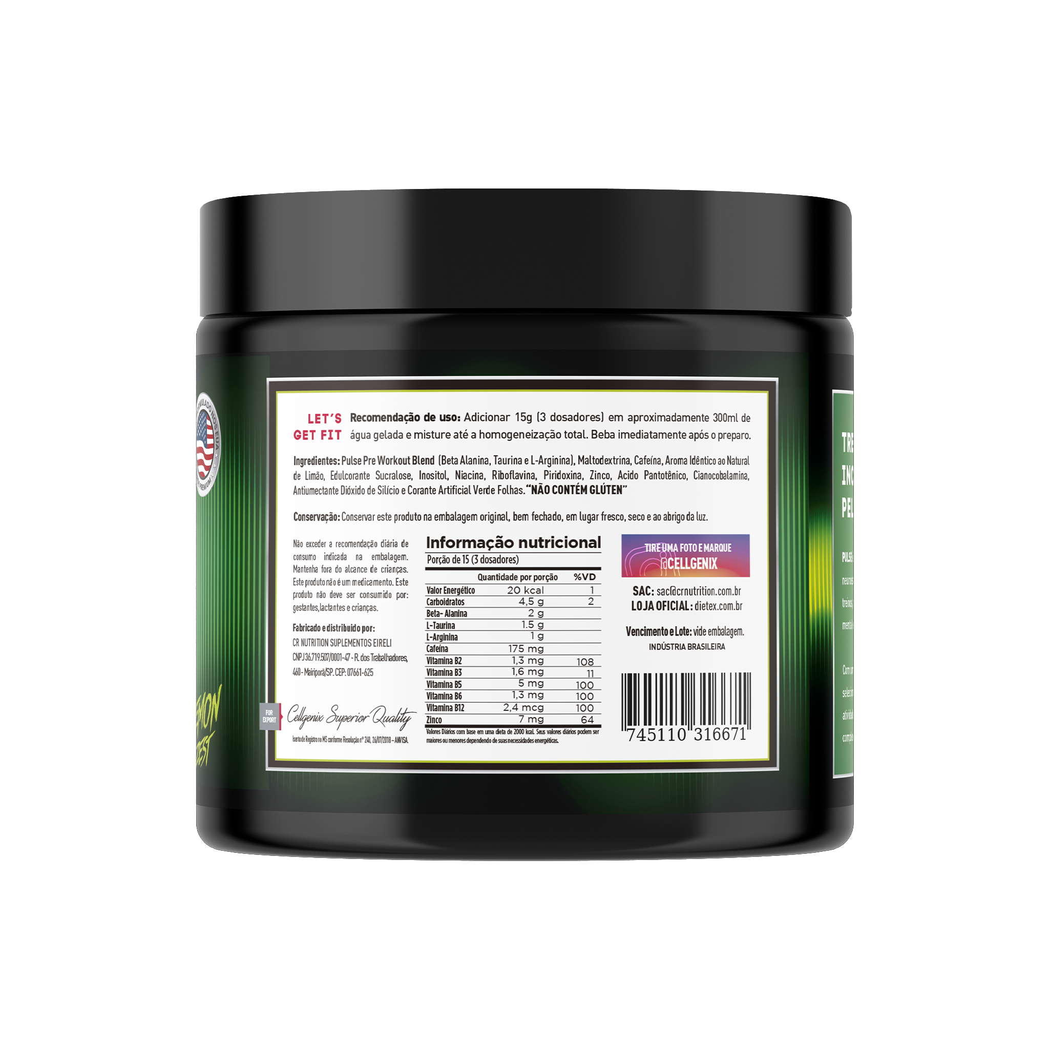 verso do Pré-Treino Pulse 150g sabor Lemon Zest